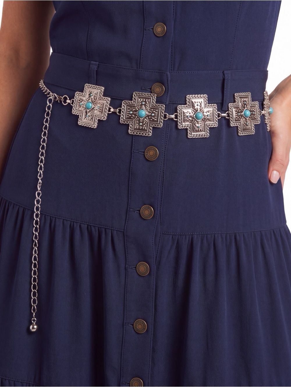 Western Silver Cross Turquoise Links Bold Chain Belt 26-45”